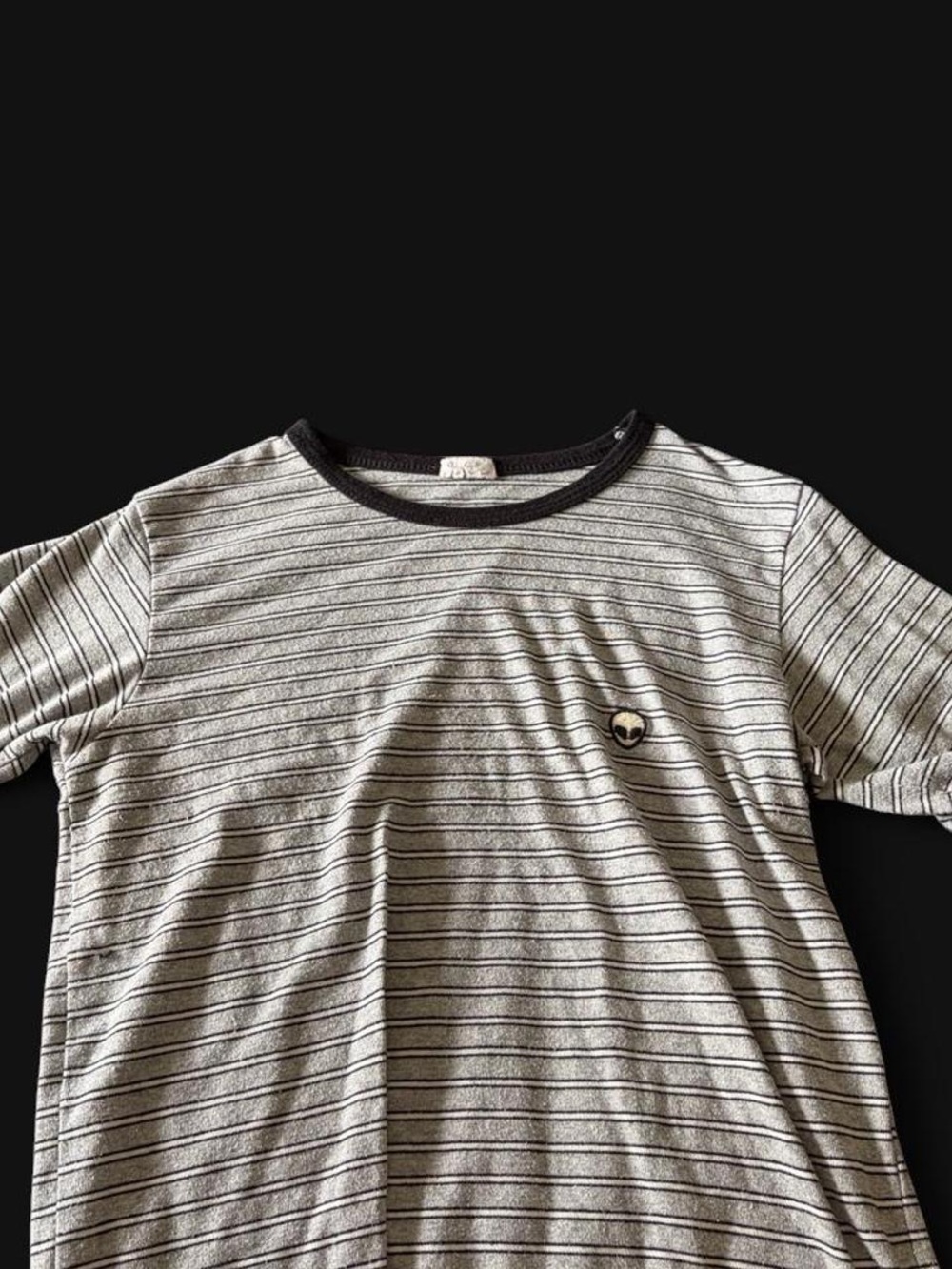 Brandy Melville Black & Gray Striped Short Sleeve Tee with Alien Patch